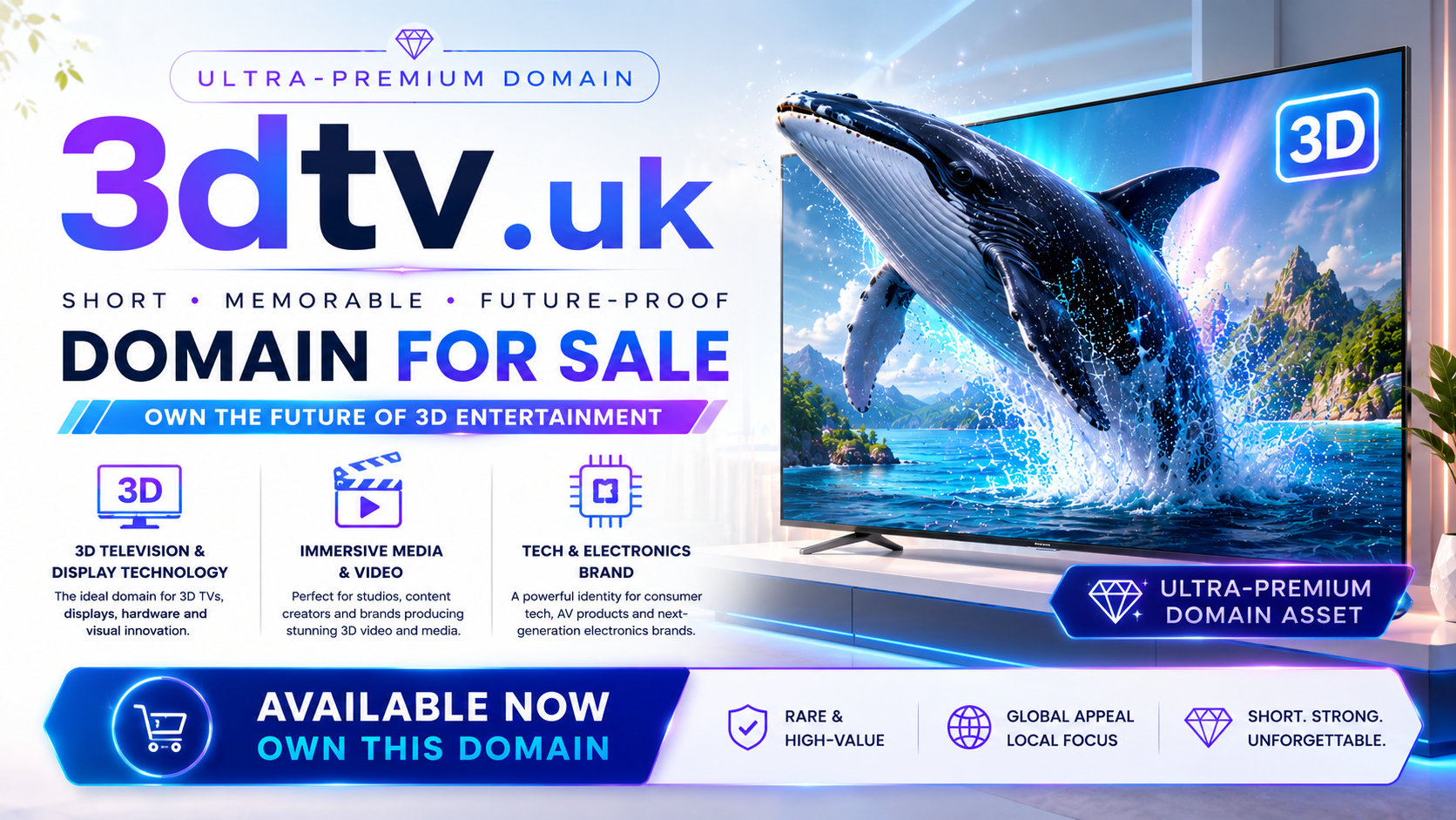 Promotional poster featuring the domain 3dtv.uk with futuristic 3D TV visuals and holographic branding. Style: bright premium tech.