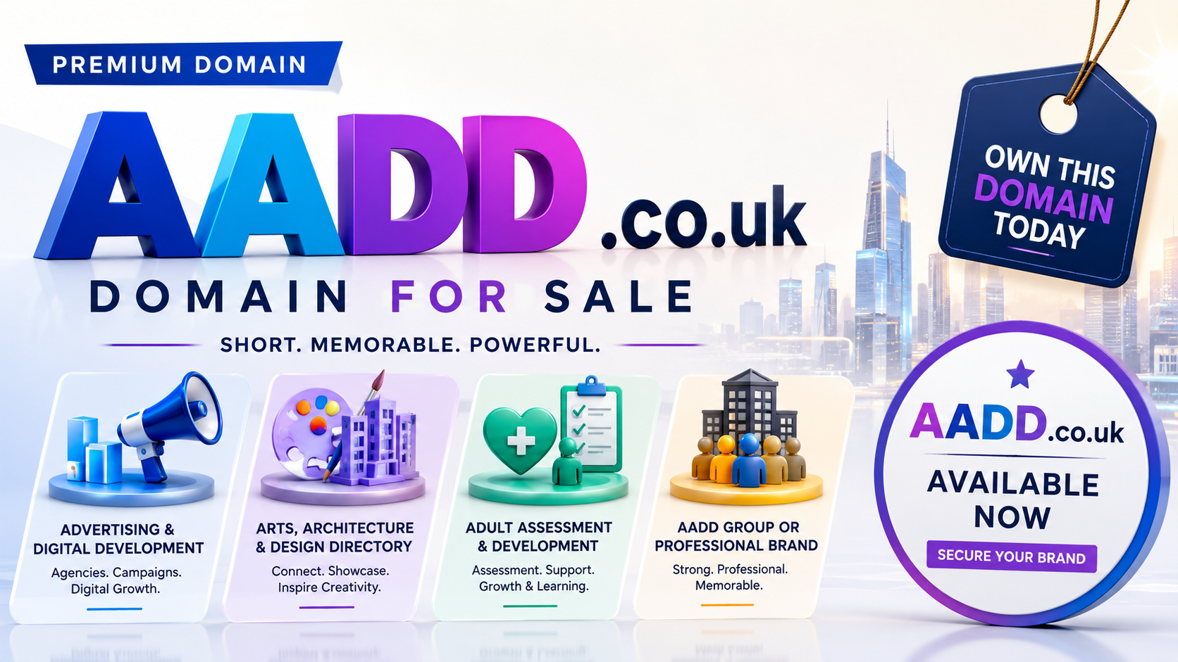 Promotional graphic featuring the domain AADD.co.uk, shown with business icons and branding panels. Style: bright, modern and professional.