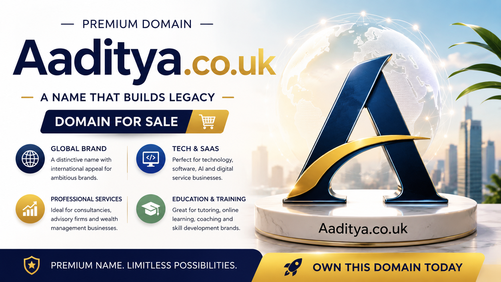 Promotional graphic featuring the domain Aaditya.co.uk, shown with a global network globe and premium A monogram. Style: modern luxury.