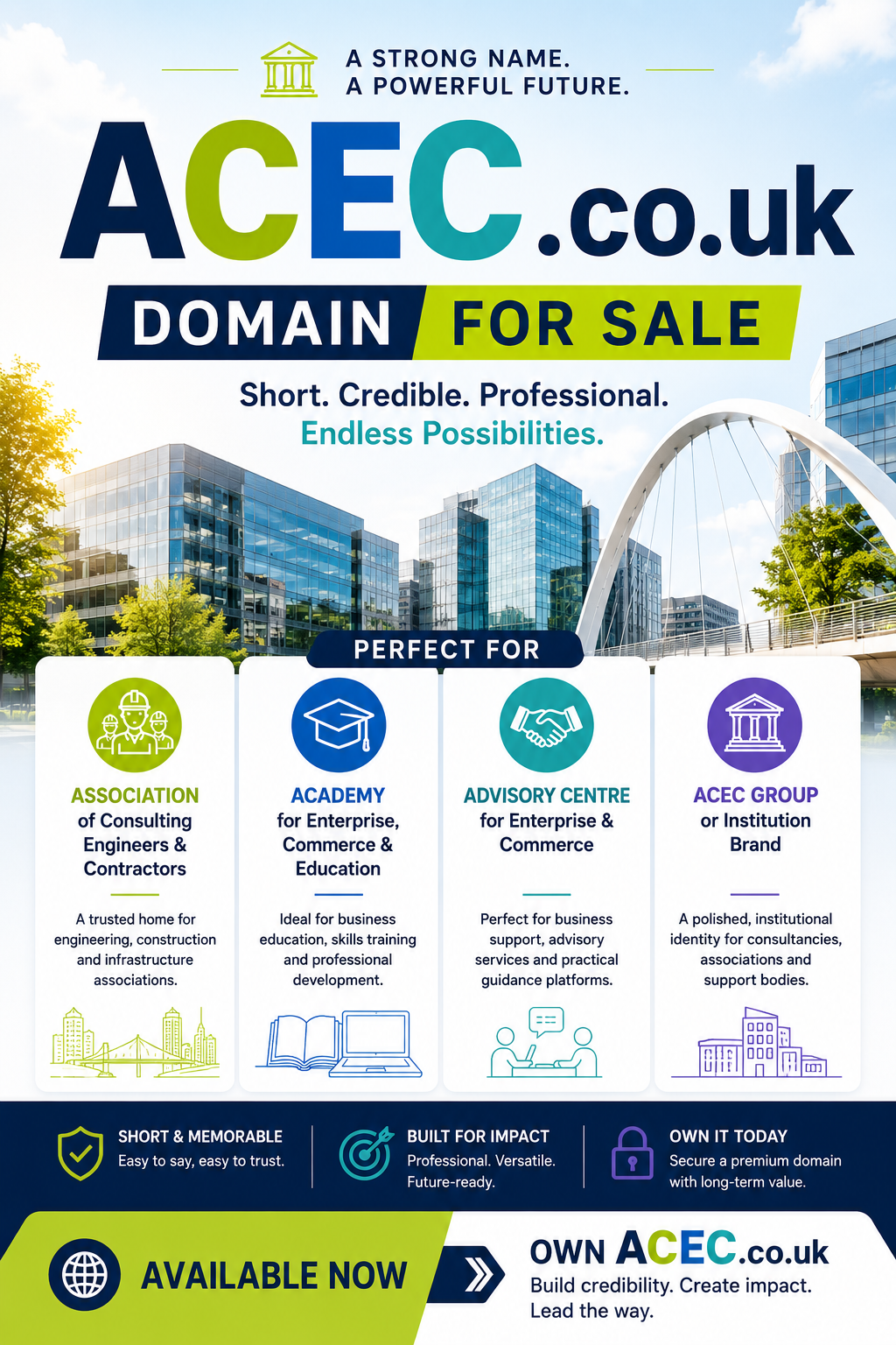 Promotional graphic featuring the domain ACEC.co.uk with modern office buildings, business icons and bold for-sale branding. Style: clean corporate.