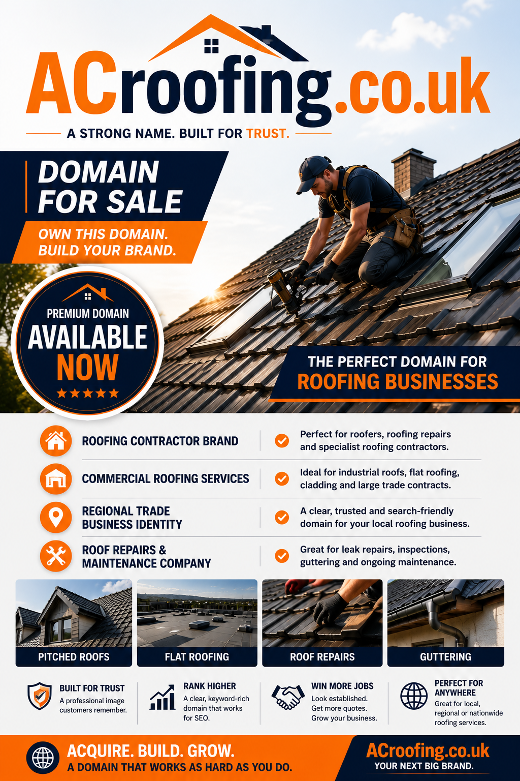 Promotional graphic featuring the domain ACroofing.co.uk, shown with a roofer on a tiled roof and modern roofing imagery. Style: bright professional trade branding.