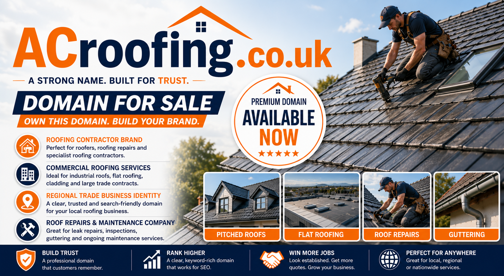 Promotional graphic featuring the domain ACroofing.co.uk, shown with a roofer on a tiled roof and modern roofing imagery. Style: bright professional trade branding.