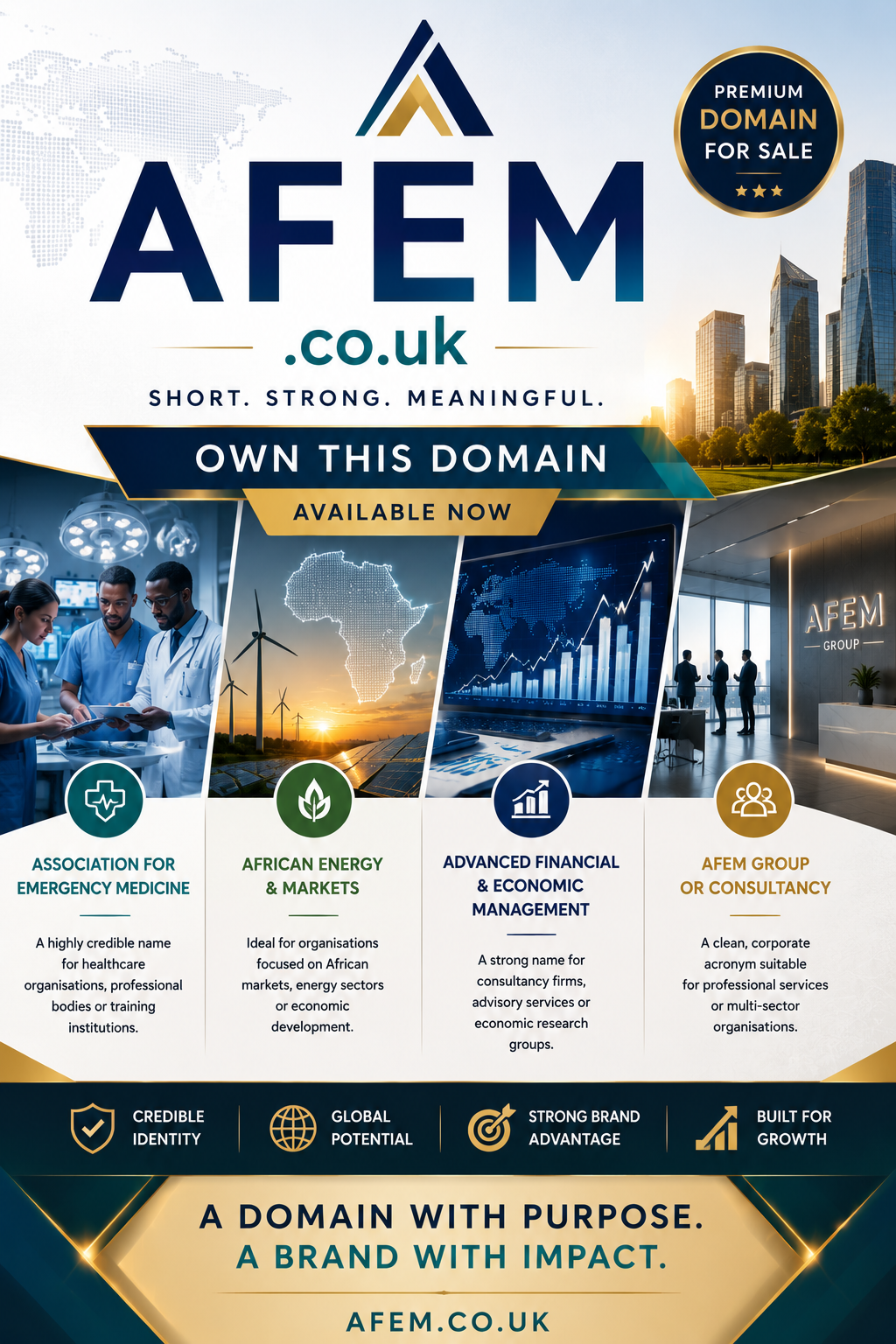 Promotional domain graphic featuring the domain AFEM.co.uk, shown with healthcare, finance and energy imagery. Style: professional, corporate and modern.