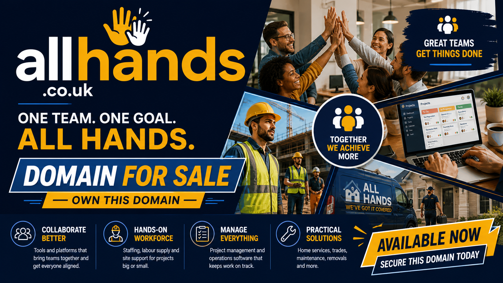 Promotional graphic featuring the domain allhands.co.uk, shown with team high-five and work scenes. Style: bold collaborative modern.