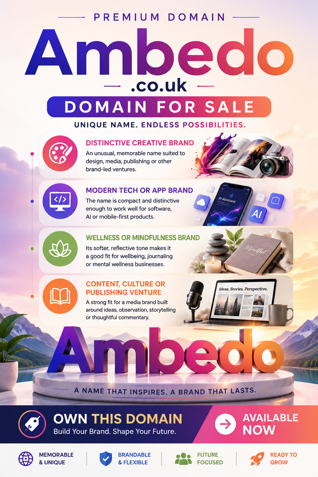 Promotional domain graphic featuring Ambedo.co.uk, shown with creative media motifs and modern brand elements. Style: bright contemporary and premium.