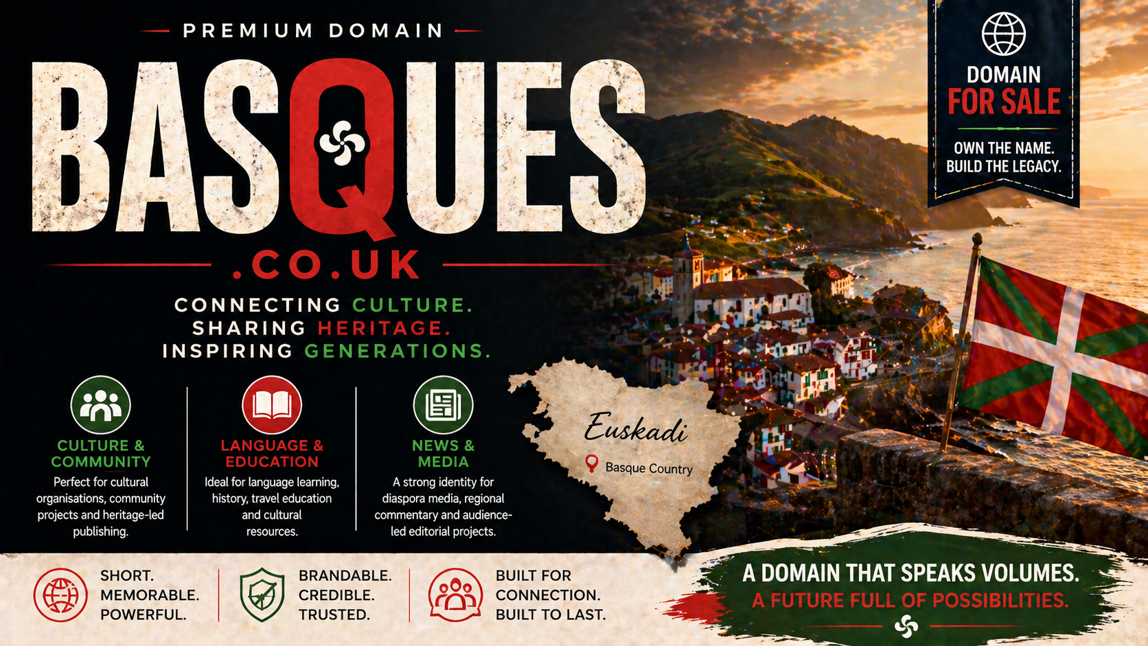 Promo banner featuring the domain basques.co.uk with coastal village, Basque flag and cultural map graphic, in a bold heritage-inspired layout.