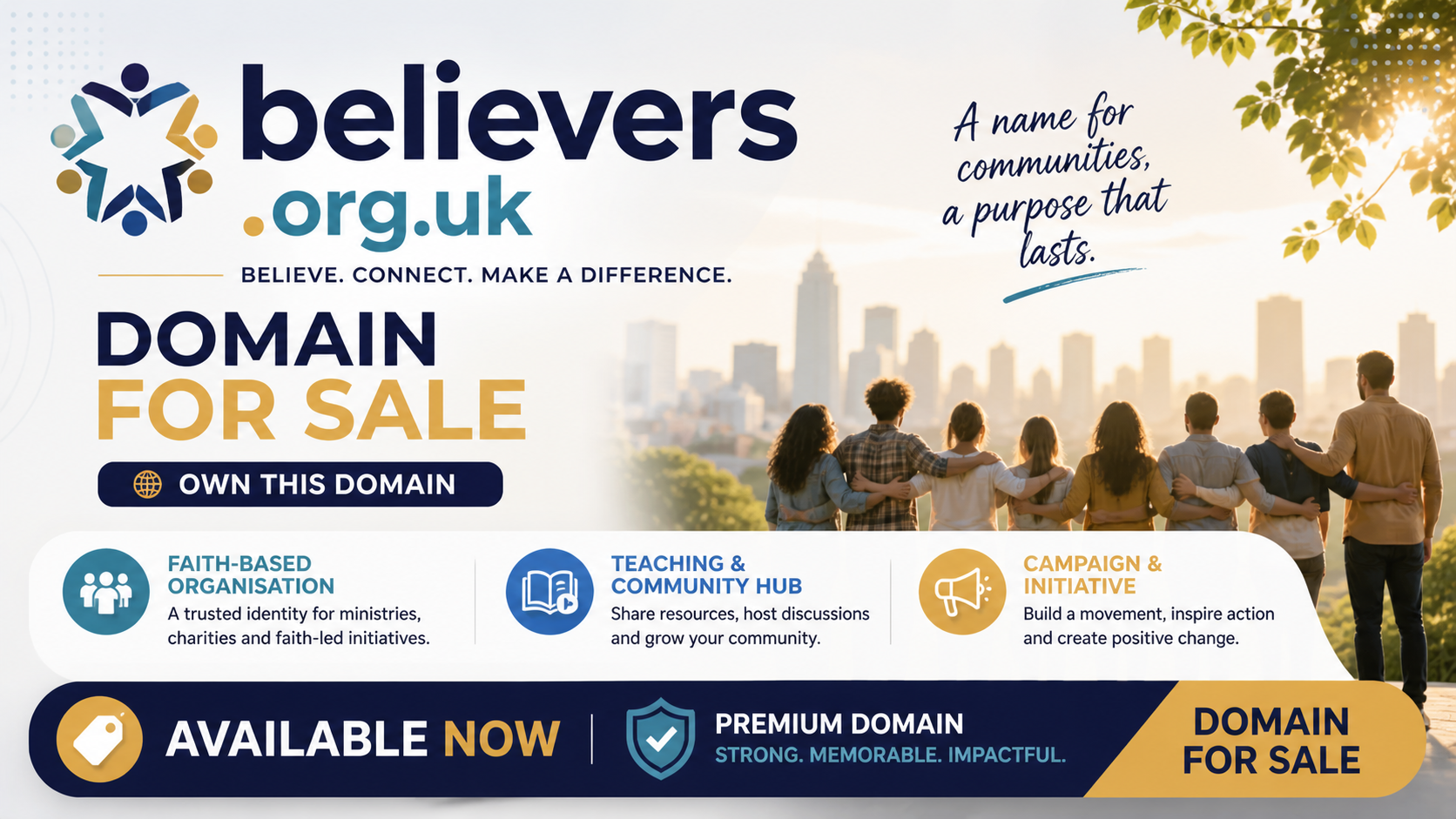 Promotional graphic featuring the domain believers.org.uk, shown with community group and skyline. Style: bright modern inclusive.
