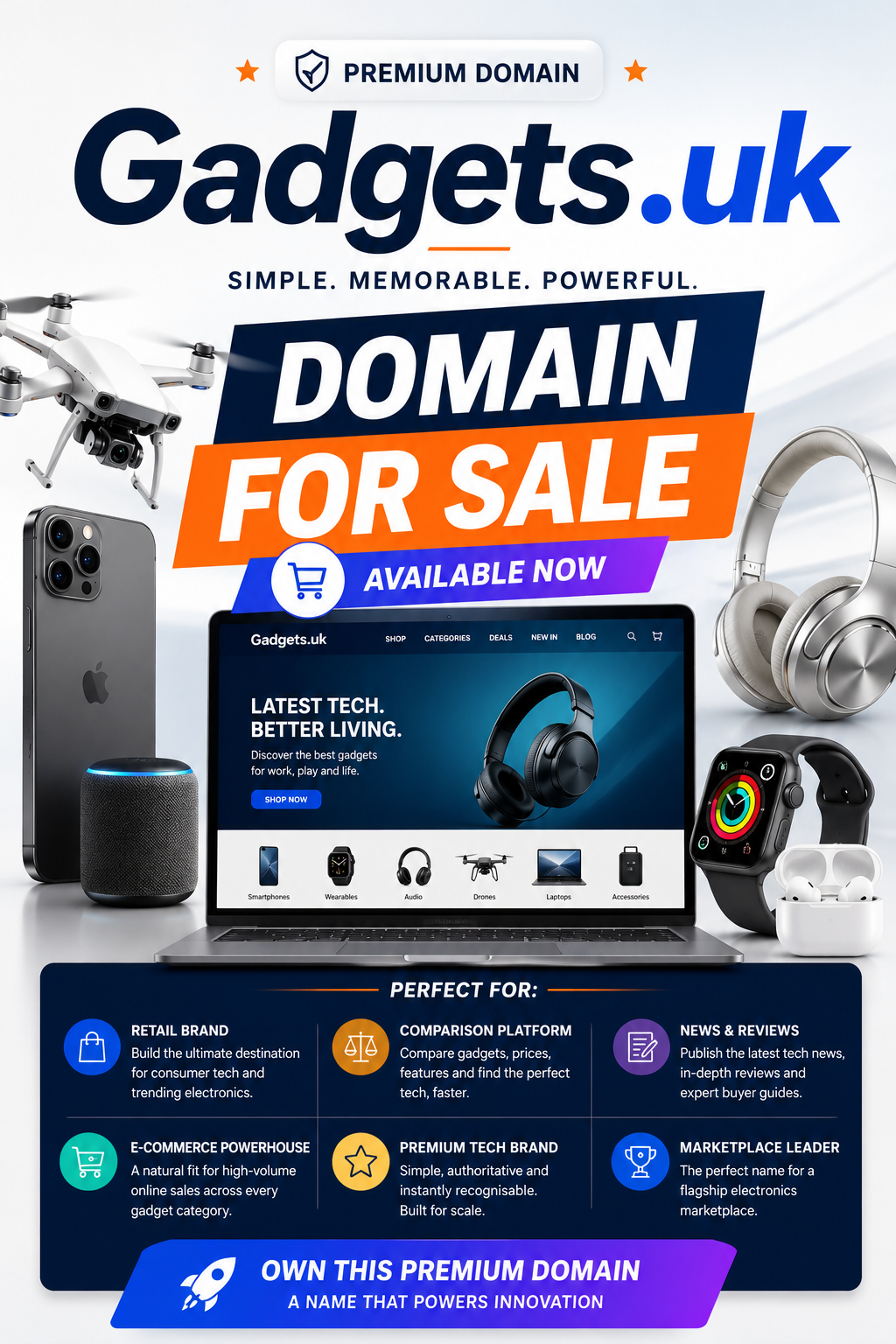 Promotional graphic featuring the domain Gadgets.uk with smart devices, drones and ecommerce branding. Style: bright premium tech.