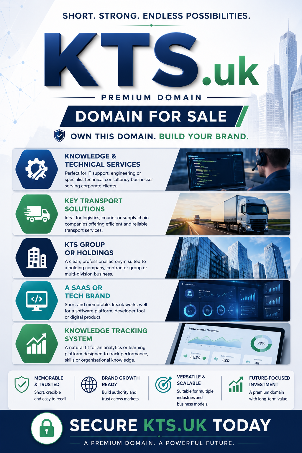 Modern promotional graphic for KTS.uk with blue-green tech cubes, logistics visuals and premium domain-for-sale branding.