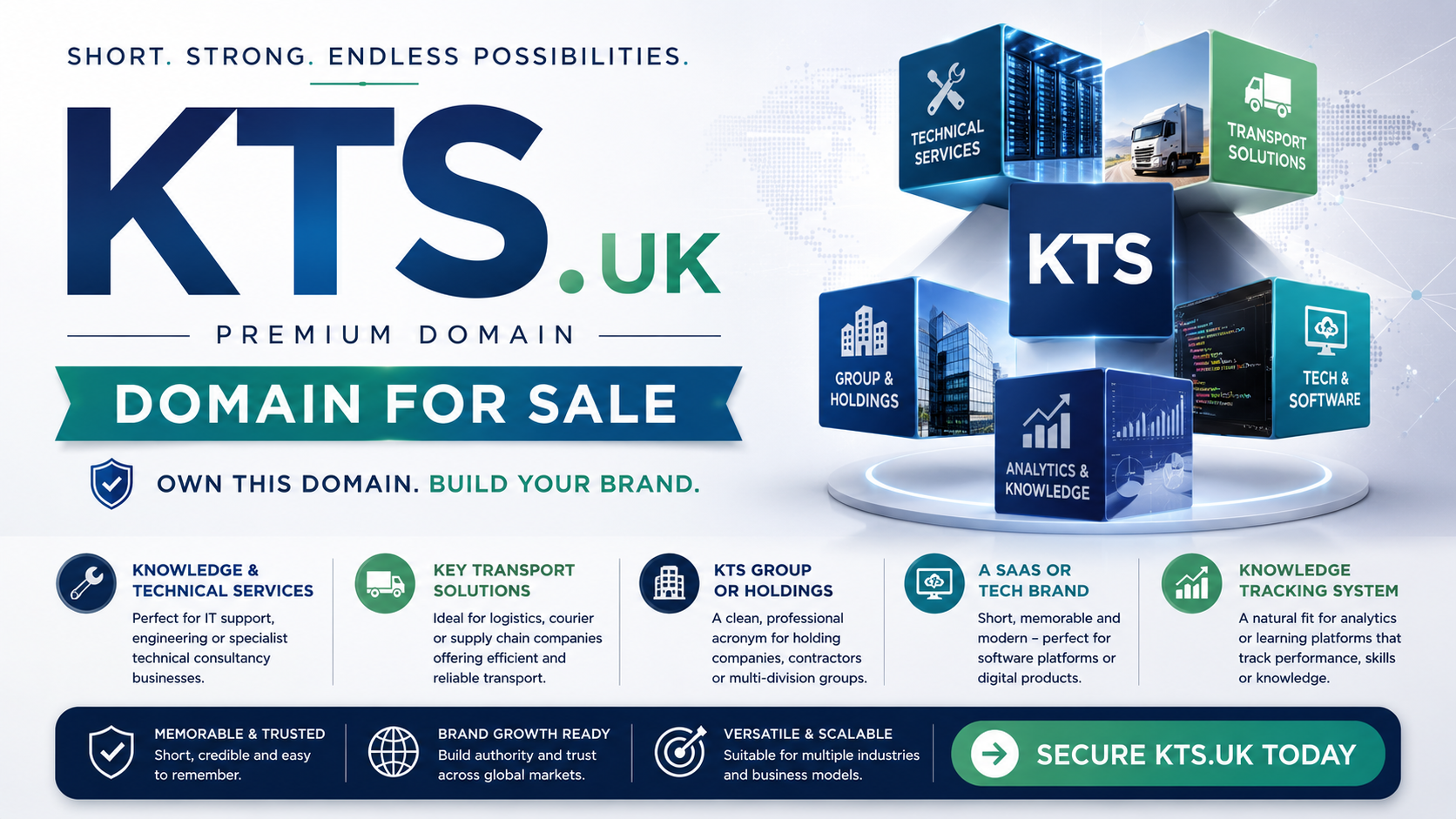Modern promotional graphic for KTS.uk with blue-green tech cubes, logistics visuals and premium domain-for-sale branding.