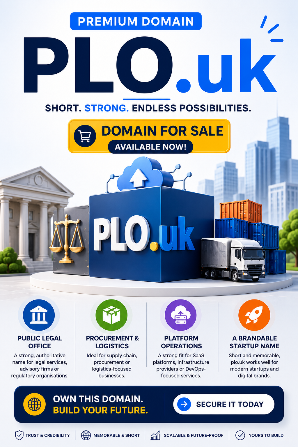 Promotional graphic featuring the domain PLO.uk with legal, logistics and cloud platform visuals. Style: modern startup branding.