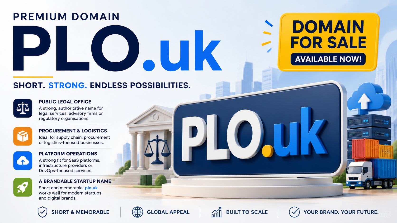 Promotional graphic featuring the domain PLO.uk with legal, logistics and cloud platform visuals. Style: modern startup branding.