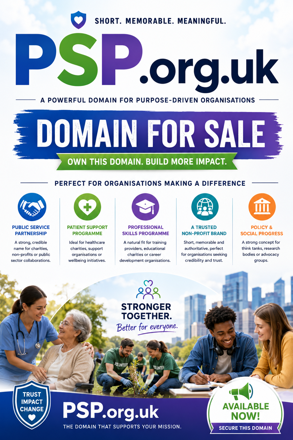 Promotional banner featuring PSP.org.uk with charity icons, community imagery and bold domain-for-sale messaging. Style: bright modern.