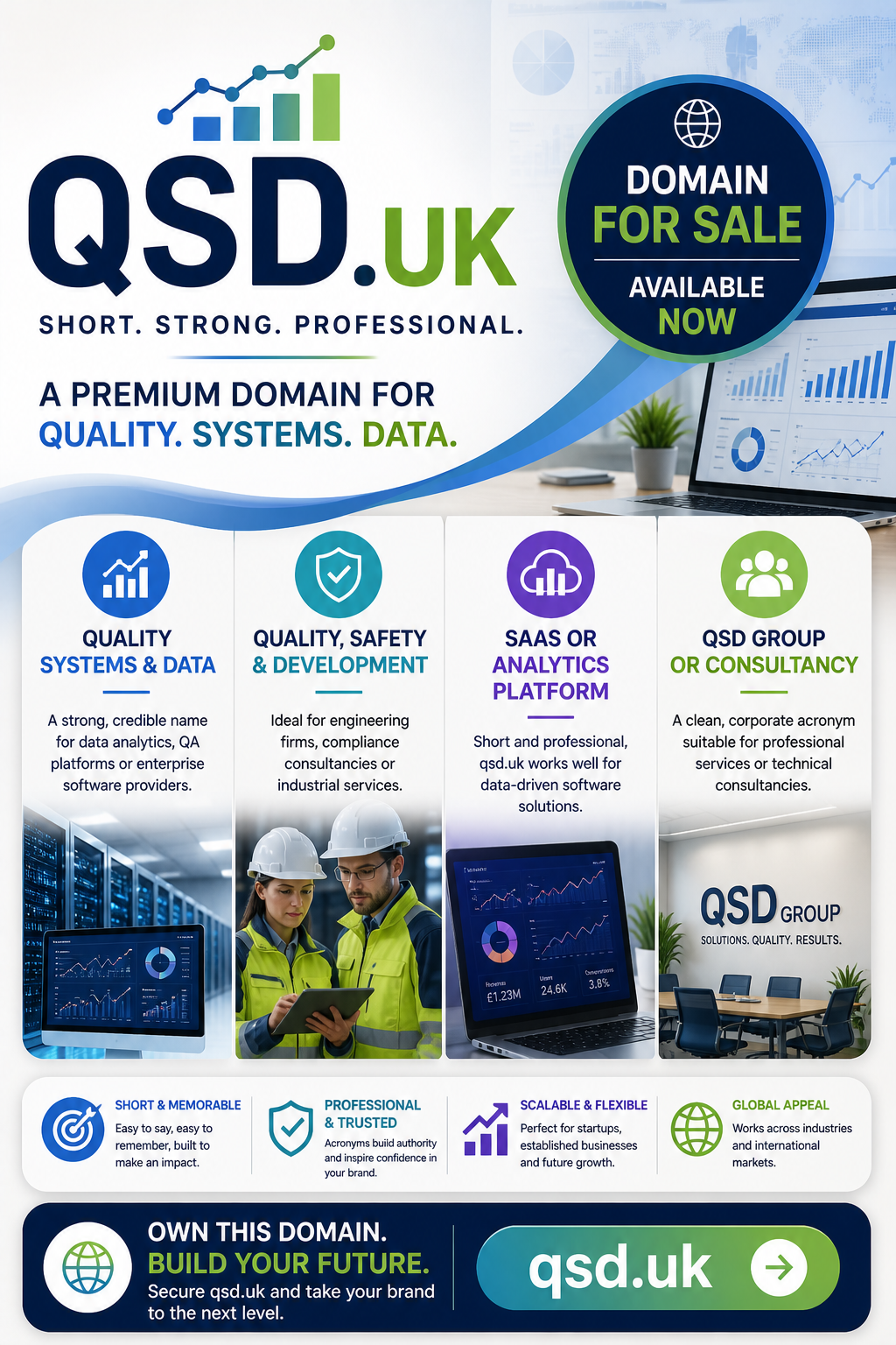 Promotional graphic featuring the domain qsd.uk, shown with analytics charts and business icons. Style: modern, clean, corporate.