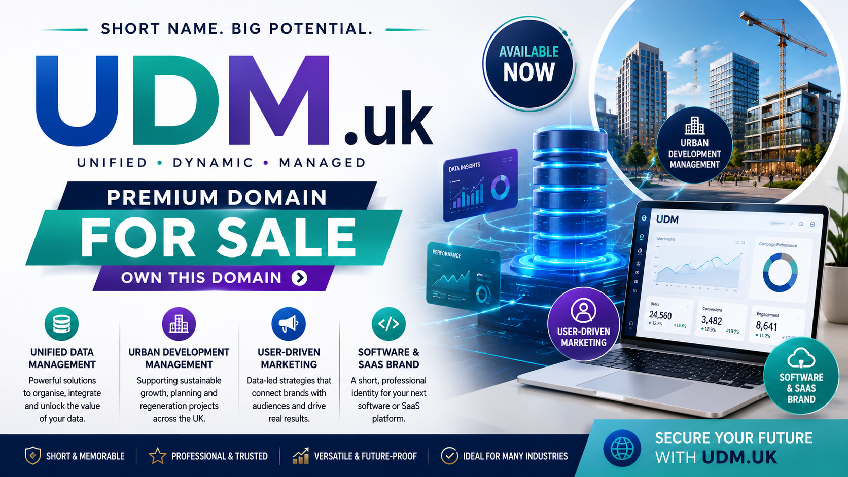 Promotional graphic for UDM.uk with data analytics, software and urban development visuals in a bright modern style.